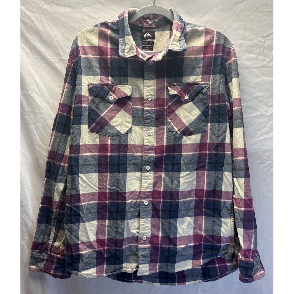 Quiksilver Mens Large Plaid Flannel Shirt Burgundy Navy Cream Long Sleeve - Picture 1 of 5